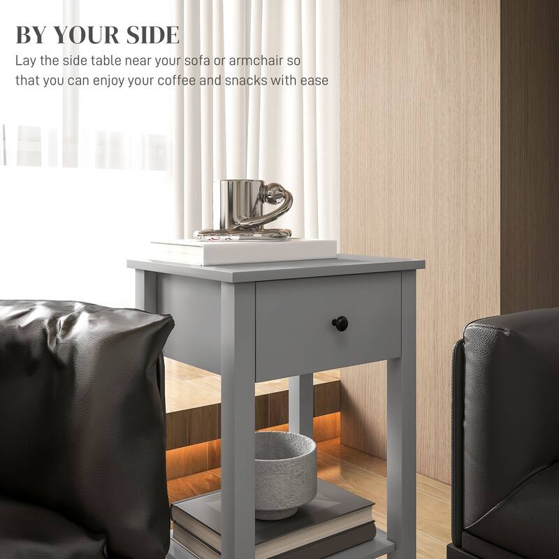 2-tier Modern Side Table with Drawer and Bottom Shelf - Grey