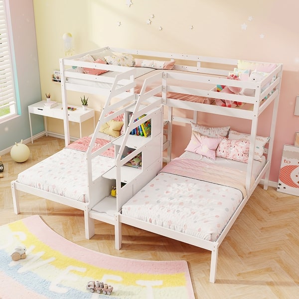 slide 2 of 10, Gymax Wooden Twin Over Twin & Twin Bunk Bed w/ 4-Step Storage White - Twin