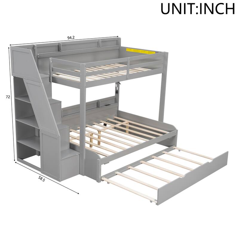 Twin Over Full Size Bunk Bed with Built-in 3-in-1 Storage Shelves and Charging Station, Pull-out Trundle, Storage Staircase