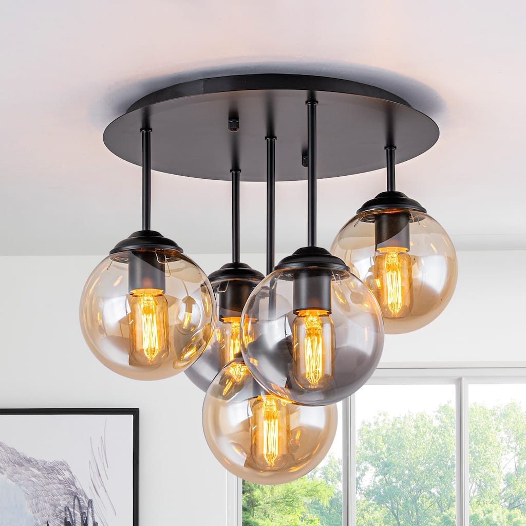 5 Lights Semi-Flush Mount Ceiling Light Smoky Gray&Amber Glass Globes - Dia.17.32-in
