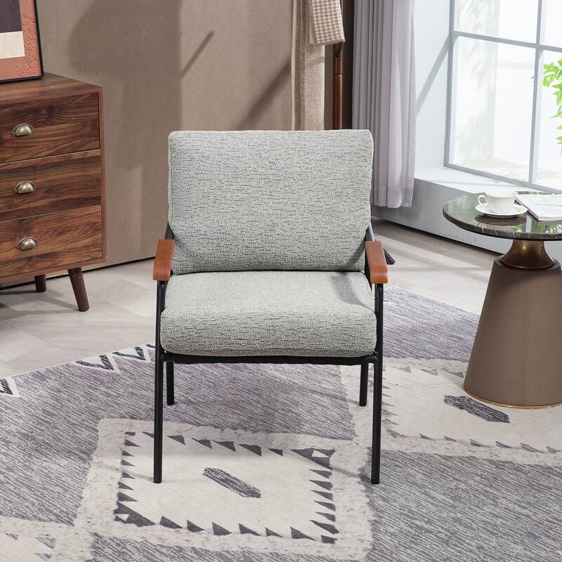 Modern Accent Chair with Natural Wood Armrests and Metal Frame, Upholstered Seat and Backrest, Comfortable Lounge Chair