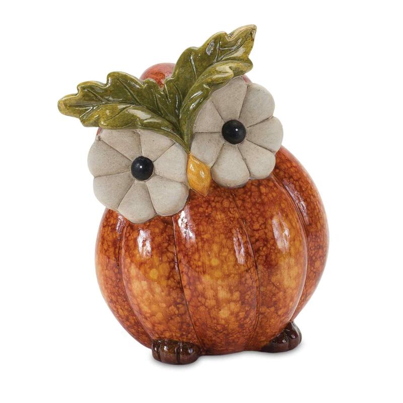 Set of 2 Orange and Yellow Pumpkin Owl Tabletop Thanksgiving Figurines 7"