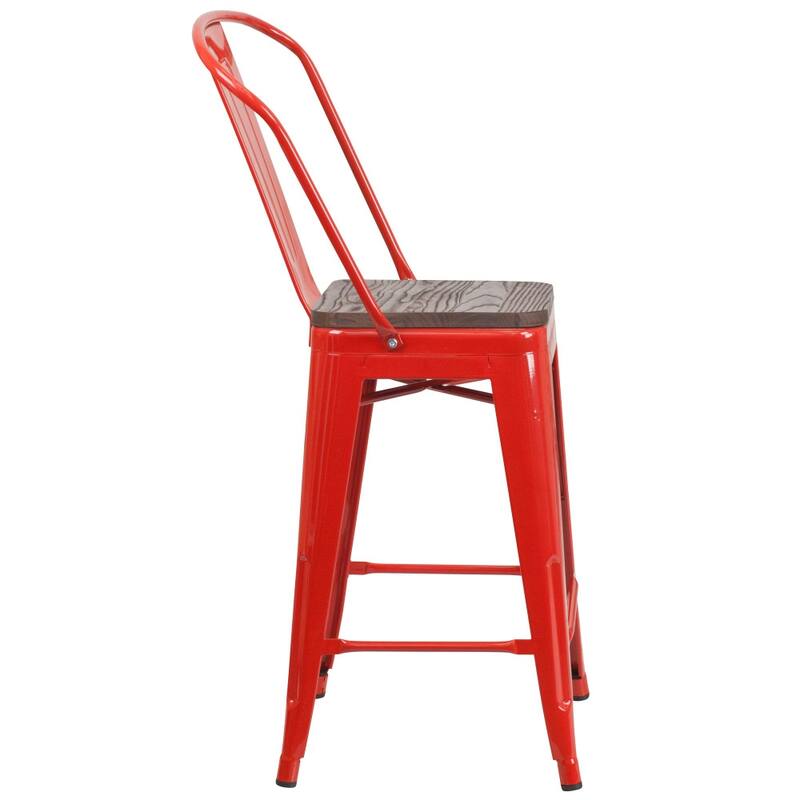4 Pack 24" High Metal Counter Height Stool with Back and Wood Seat - 17.75"W x 20"D x 39.25"H