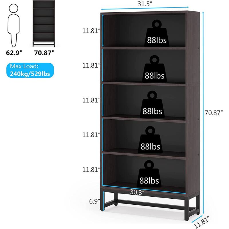 70.8" Tall Bookcase and Bookshelf 5-Tier Storage Shelves Free-Standing