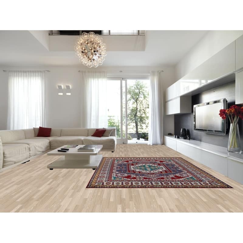 Geometric Kazak Area Rug Hand-Knotted Blue Oriental Wool Carpet - 8'10" x 11'8"