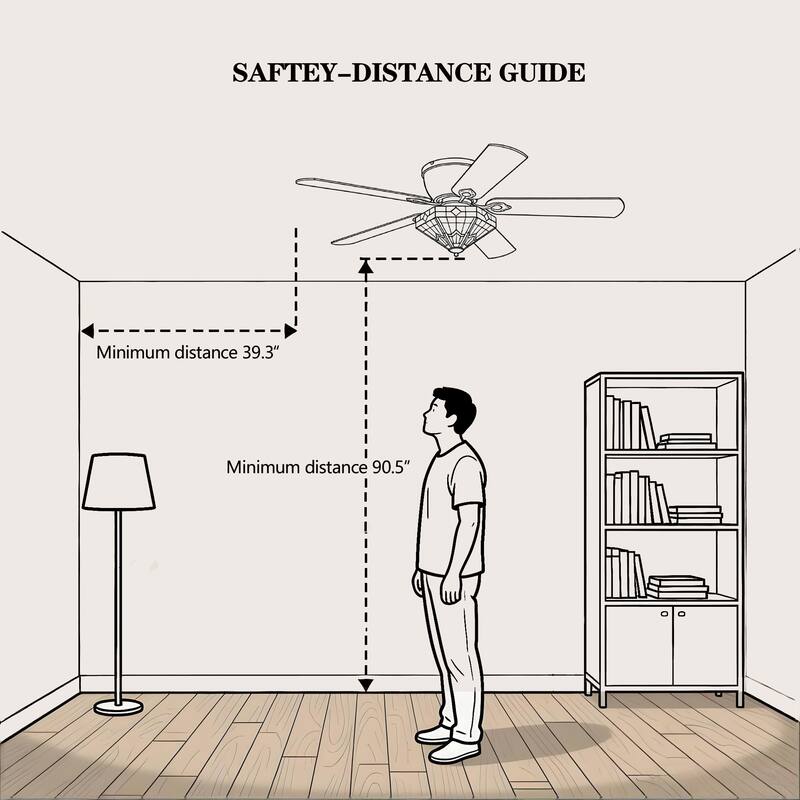 Lymelyn 52-Inch Flushmount Lighted Ceiling Fan Ivory Geometric Tiffany Glass Lamp Black Finish