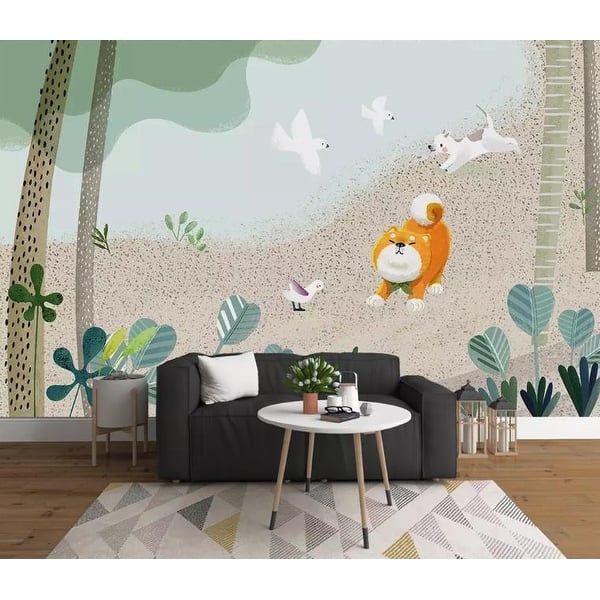 Cartoon Dog Forest Kids Removable Textile Wallpaper - Overstock - 32588244
