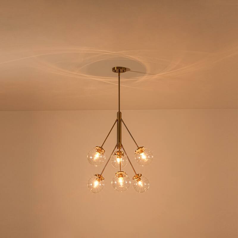 6-Light Modern Glam Sputnik Brass/Matte Black Finish Dimmable Chandelier with Clear Glass Globe for Living & Dining Room