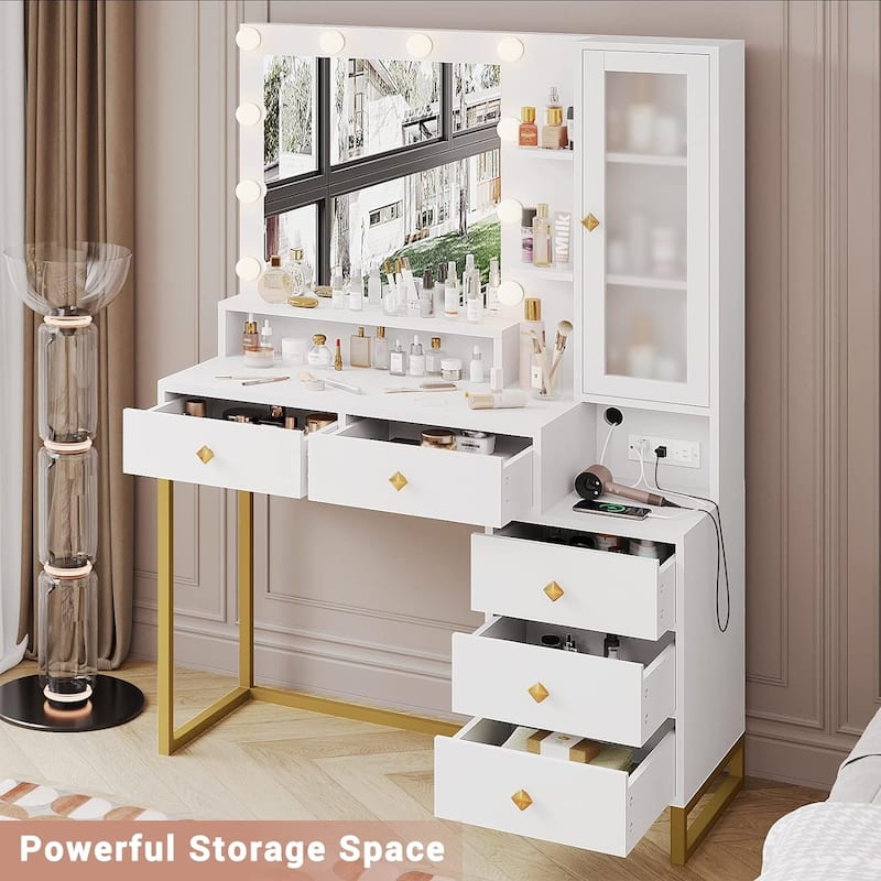 Vanity Desk with Mirror and Lights 5 Drawers and Storage Shelves