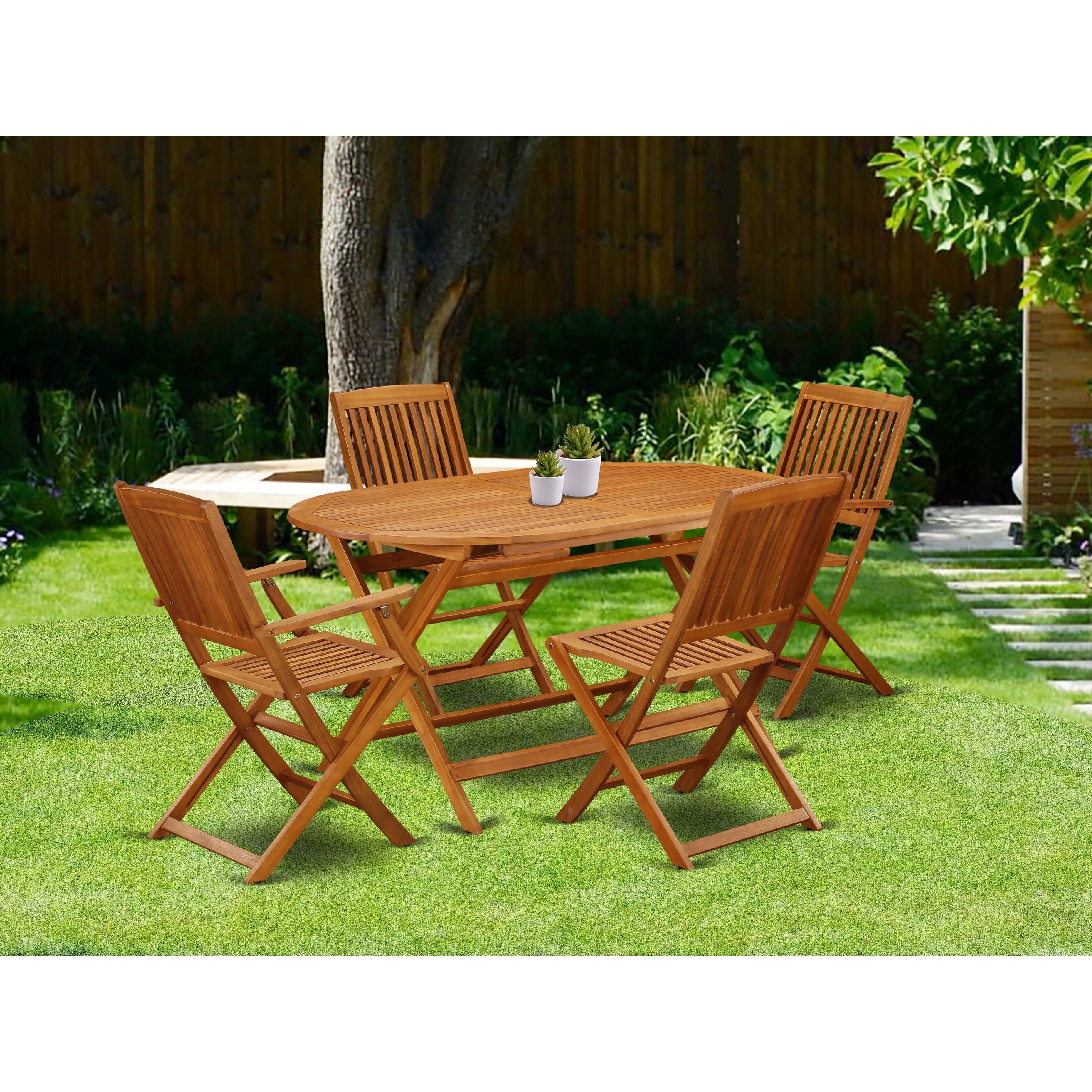 East West Furniture Patio Table Set Acacia Wood Table and Folding Arm Chairs with Side Chairs Natural Oil Pieces Options