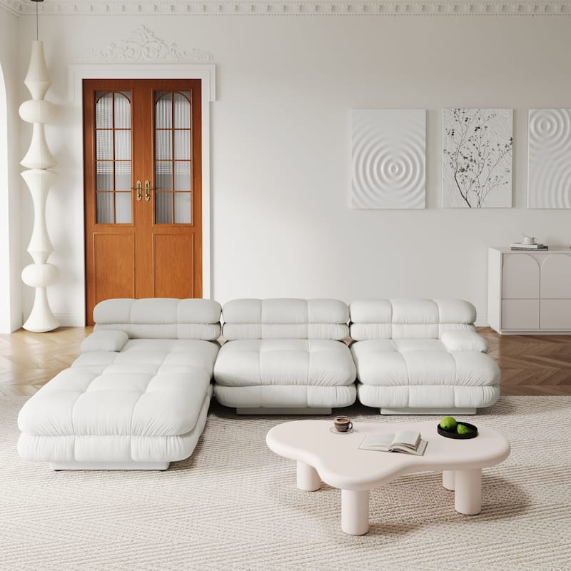 109'' Teddy Velvet Fabric Sectional Sofa L-Shaped Couch with Ottoman - Beige