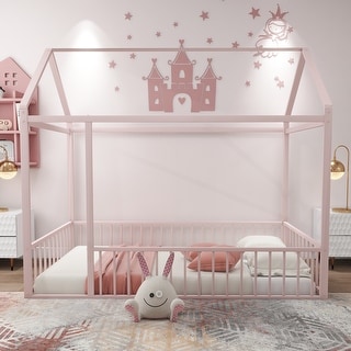 Pink Twin Size Metal House Bed Frame with Fence and Roof for Kids, Teens, Girls, Boys