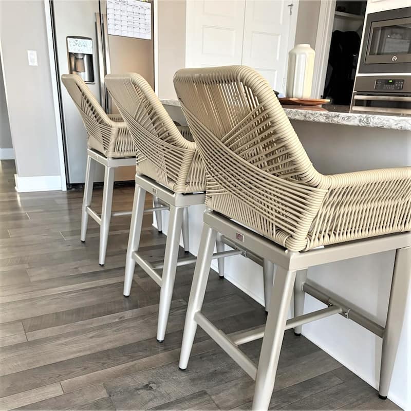 PURPLE LEAF Bar Stools Chair Set of 2 All Weather Rattan and Aluminum Patio Bar Stool with Cushion and Arms