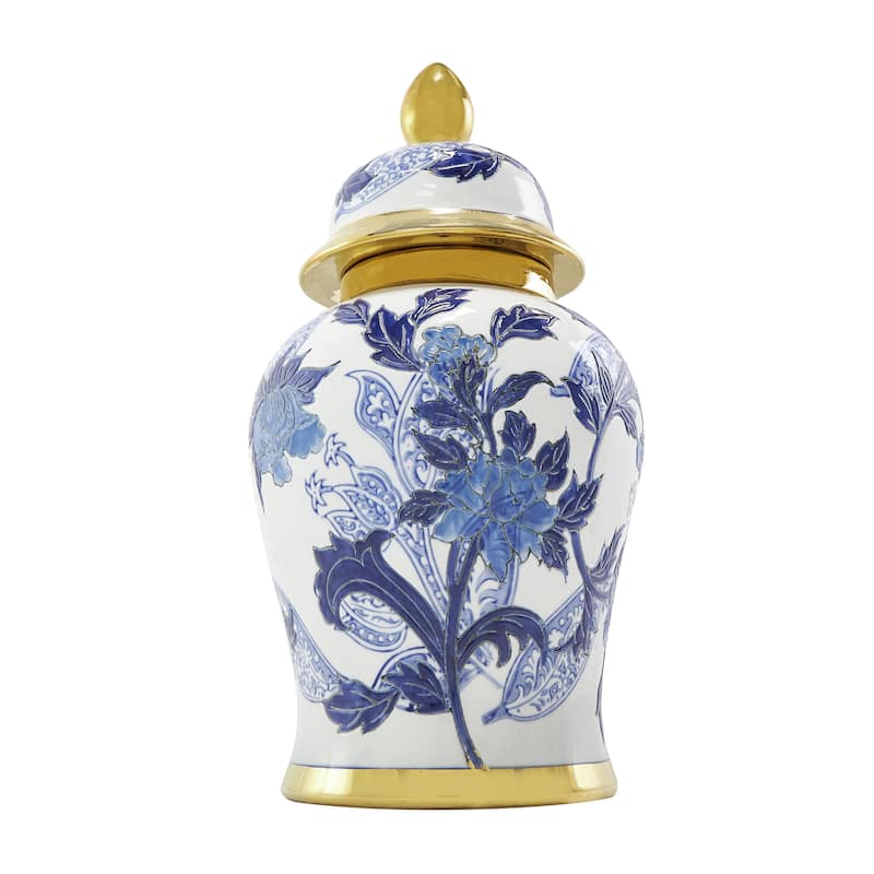 Ceramic Floral Living Room Decorative Jars with Cream and Gold Accents - Blue - Roche River Decor