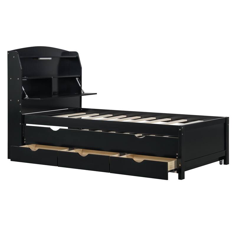 Wooden LED Platform Bed with Trundle