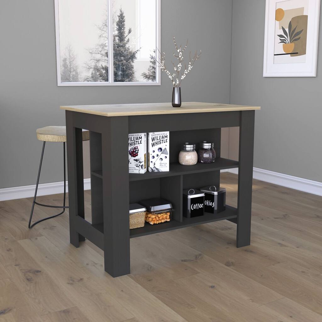 Kitchen Island, kitchen table 35" H, Four Legs, Three Open Storage Shelves, Black / Light Oak
