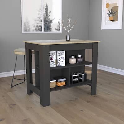 Kitchen Island, kitchen table 35" H, Four Legs, Three Open Storage Shelves