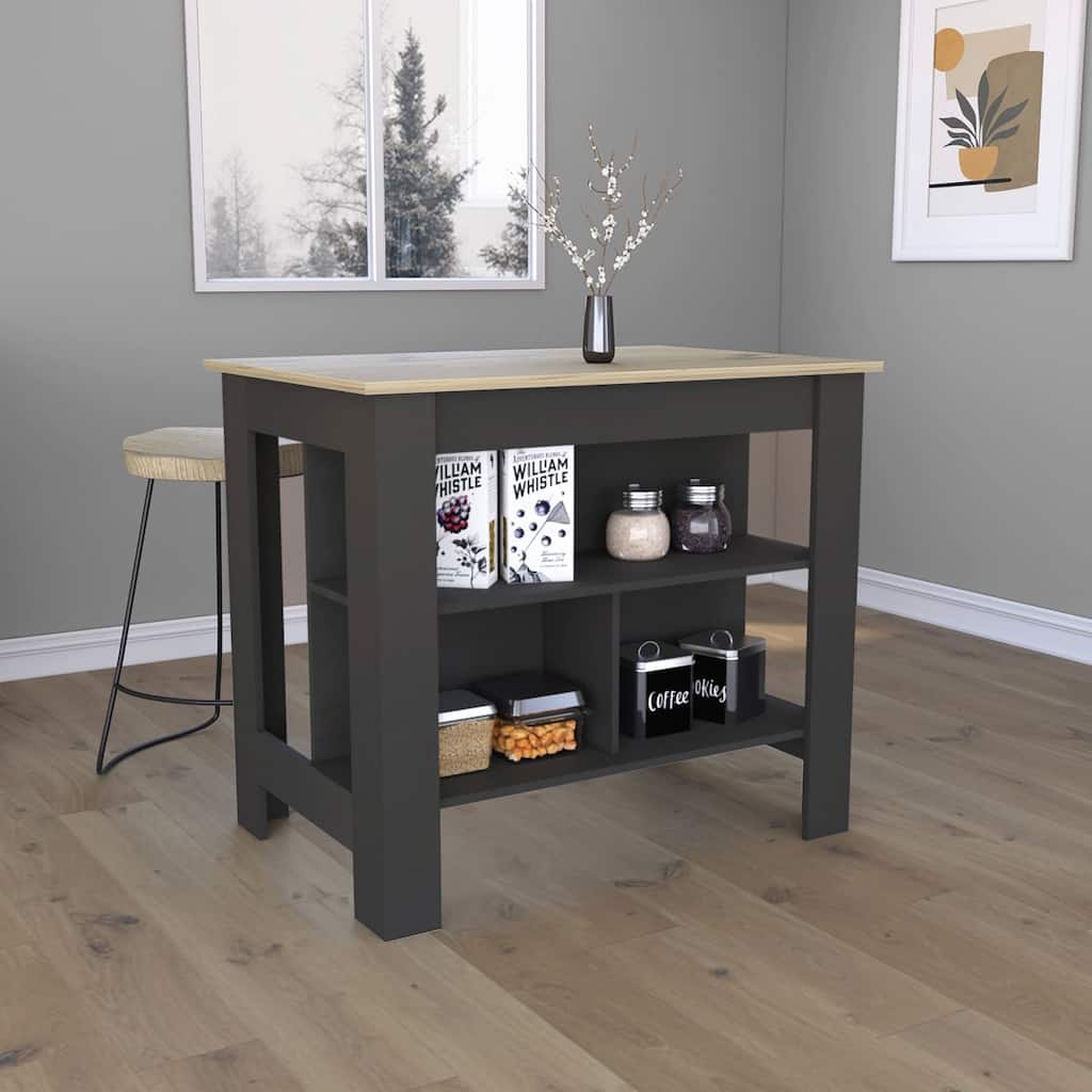 Kitchen Island, kitchen table 35" H, Four Legs, Three Open Storage Shelves