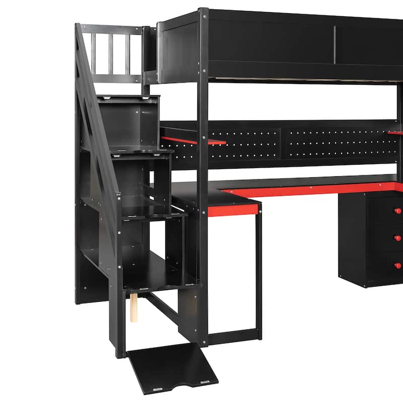 Gaming Loft Bed with Storage Stairs & Desk, Video Game Bed Wood Loft Bed Frame with Pegboard for Teens