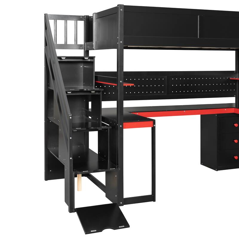 Twin Size Wooden Gaming Loft Bed with Storage Stairs, Desk, Shelves & Pegboard