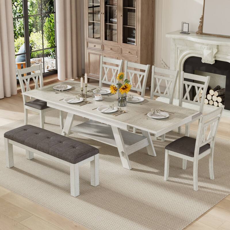 Javlergo Dining Table Set with Bench, Solid Wood Rectangular Extendable Dining Table and Chairs Set for 6-8 - 8-Piece Sets - Grey