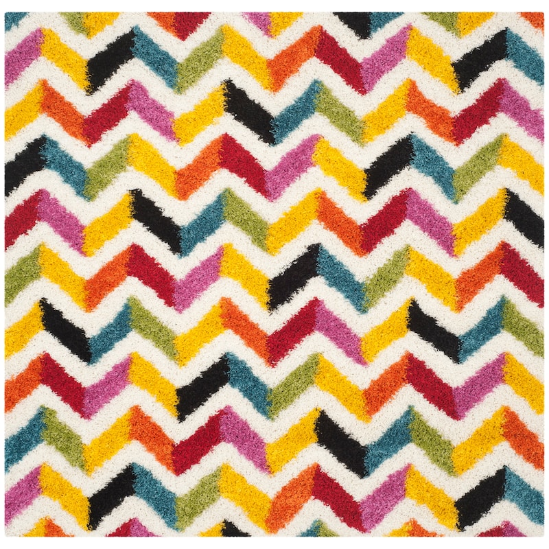 SAFAVIEH Kids Shag Veniamina Chevron Nursery Playroom 2-inch Thick Rug - 6'7" Square - Ivory/Multi - Square