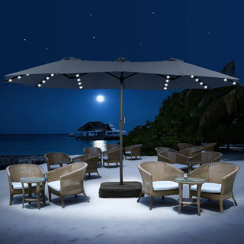 15ft Patio Umbrella Outdoor Market Umbrella with Base and LED Lights - Navy Blue