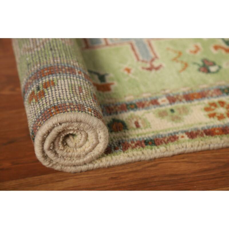 Light Green Geometric Khotan Indian Foyer Rug Hand-Knotted Wool Carpet - 2'11"x 5'0"