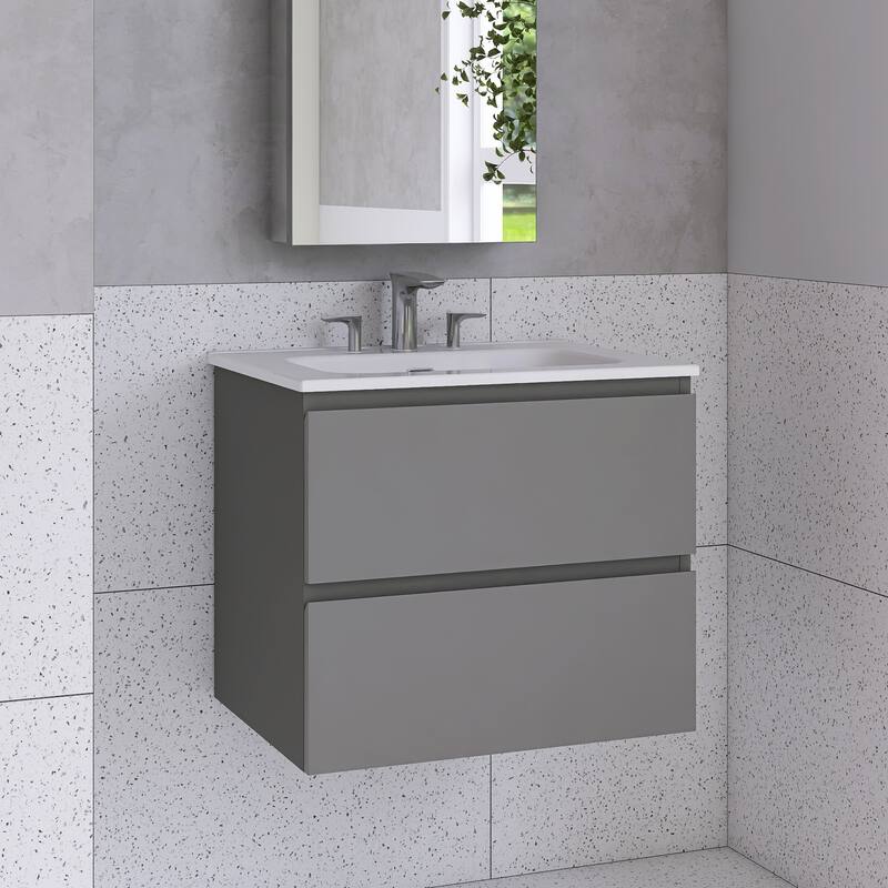 Floating Integrated Bathroom Vanity with Ceramic Sink, Three Faucet Holes