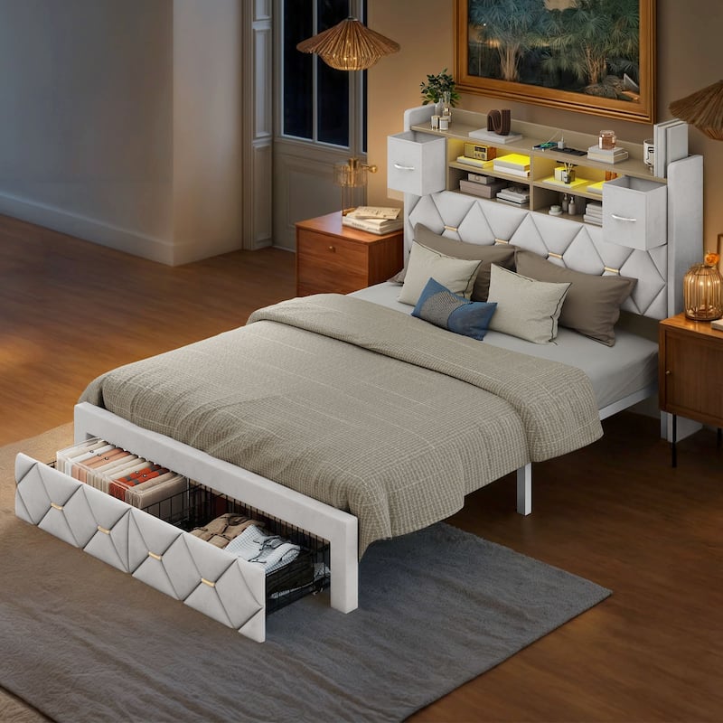Farmhouse Bed Frame Upholstered Headboard Platform Bed with Charging Station