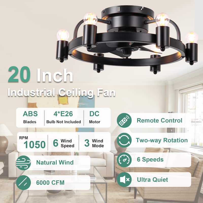 Cusp Barn 20 Inch Black Low Profile Flush Mount Ceiling Fan with Light and Remote, Industrial 6 Speeds DC Motor Ceiling Fan