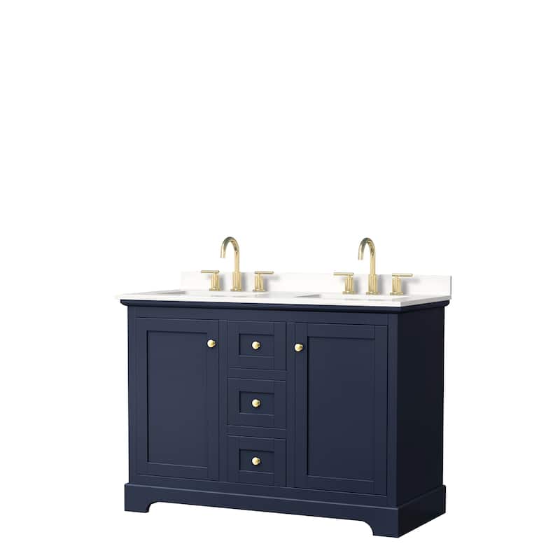 Avery 48-inch Double Vanity, Quartz Top - Dark Blue, Gold Trim, White Quartz Top
