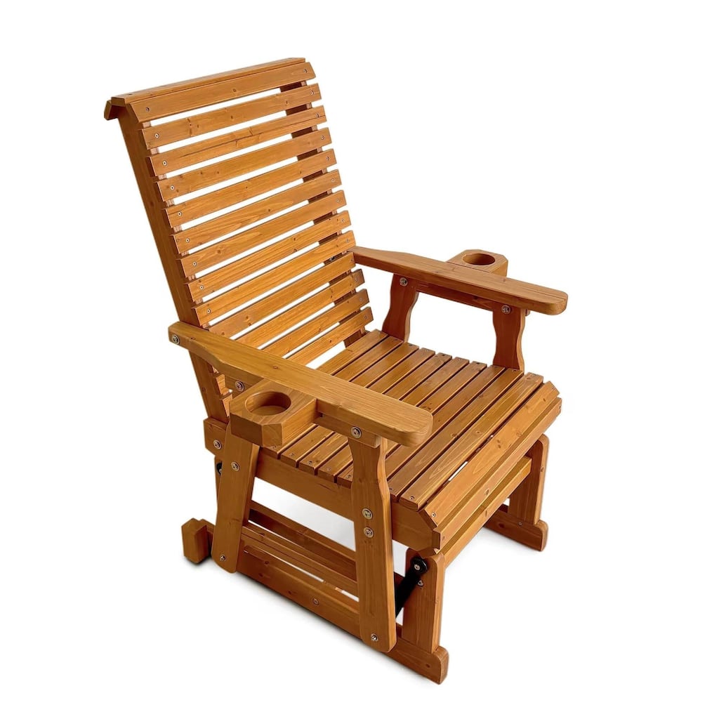 Fortune Candy Patio Glider for One Person, with Horizontal Slat Back, Cup Holder & Deep Contoured Seat – 600 lb