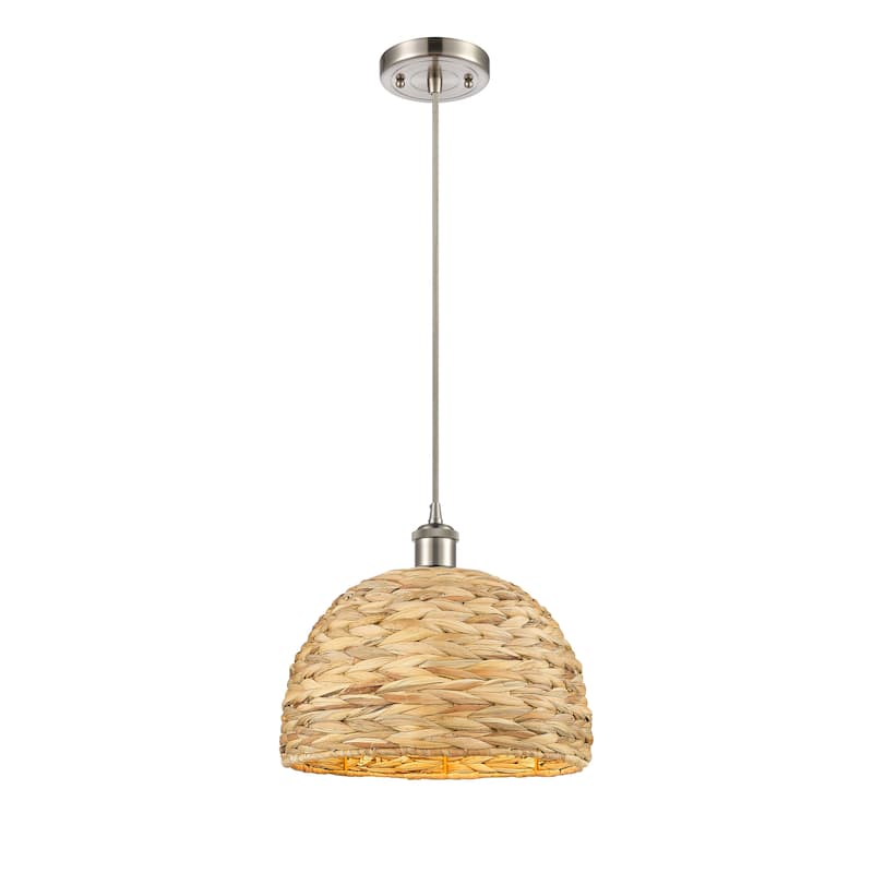 Innovations Lighting Woven Rattan - 1 Light 12" Cord Hung Pendant - Satin Nickel/Natural Rattan