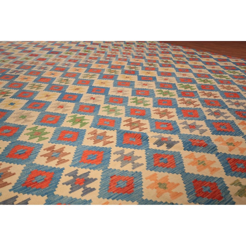 All-Over Trellis Colorful Kilim Large Rug Flatweave Wool Carpet - 10'1" x 15'10"