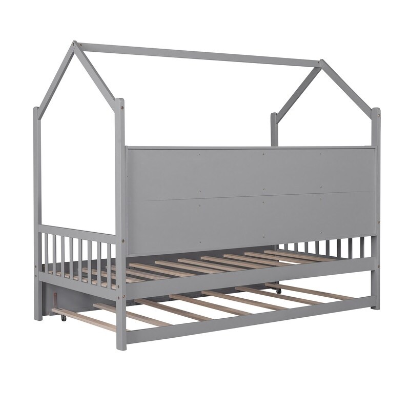 marge bijvoorbeeld pijn Wooden Twin/Full Size House Bed with Trundle, Kids Bed with Storage Shelf -  Overstock - 36741382