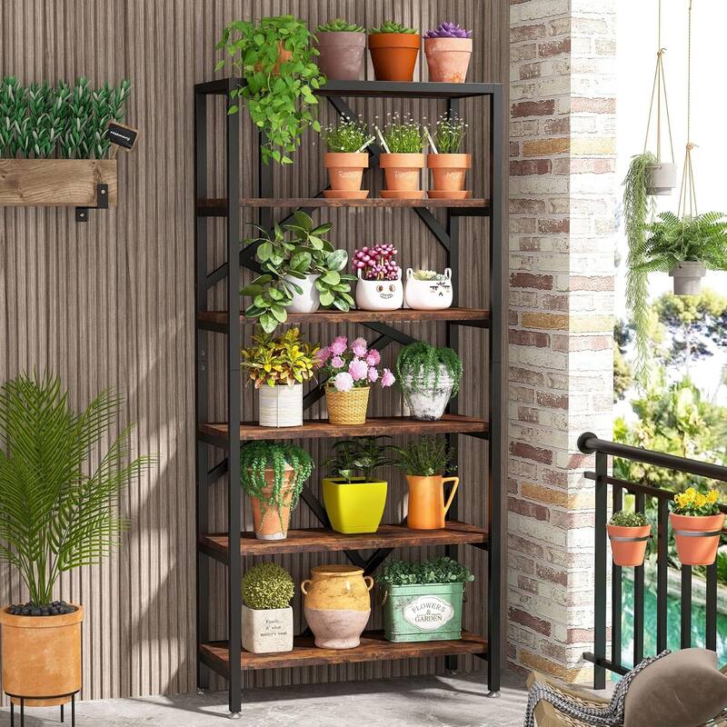 71" Industrial Bookshelf, 6 Tier Rustic Brown Wood Etagere Bookcase, Open Book Shelves