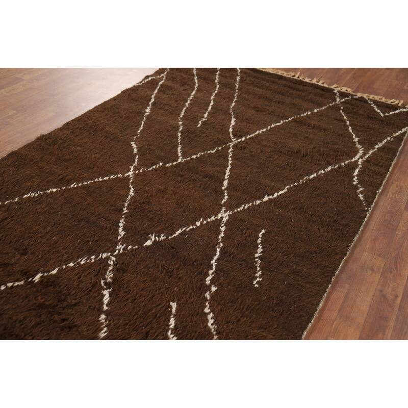 Hand Knotted Oriental 100% Wool Carpet Modern Geometric Brown Moroccan Area Rug - 8' 6'' X 5' 0''