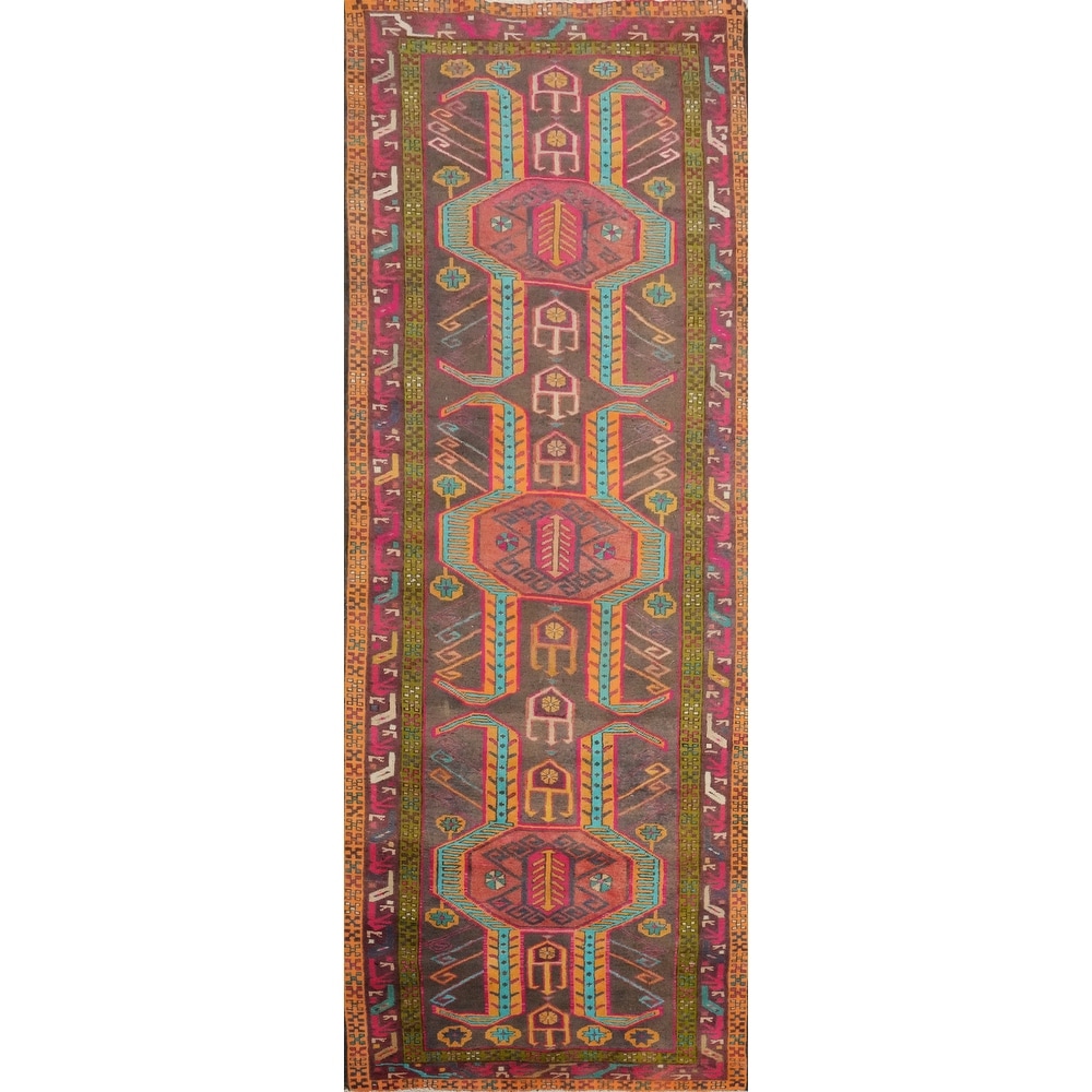 Hand Knotted Oriental 100% Wool Carpet Traditional Tribal Greys & Charcoal Ardebil Runner Rug - 10' 6'' X 3' 8''