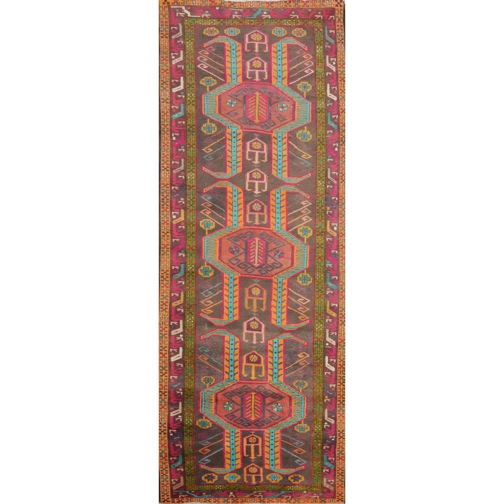 Hand Knotted Oriental 100% Wool Carpet Traditional Tribal Greys & Charcoal Ardebil Runner Rug - 10' 6'' X 3' 8''