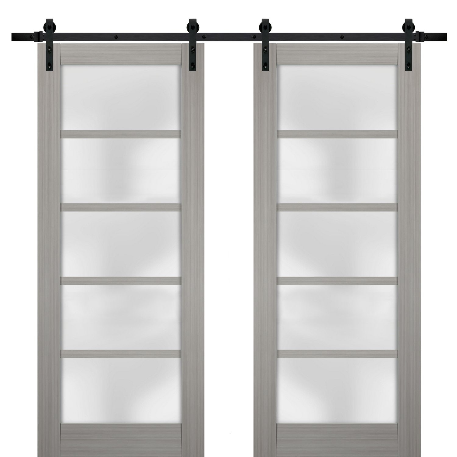Double Barn Door with Frosted Glass Quadro 4002 Grey Ash 13FT Rail Set Solid Panel Interior Doors-36" x 80" (2* 18x80)
