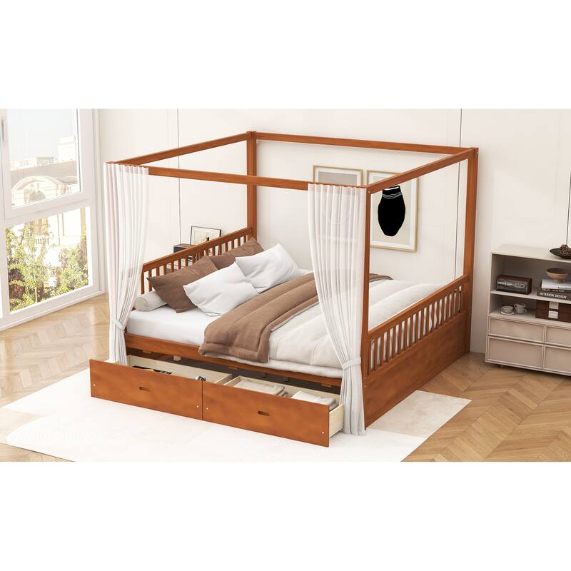 Roomfitters Queen/King Wooden Canopy Bed with 2 Storage Drawers, Solid Wood Frame, Walnut