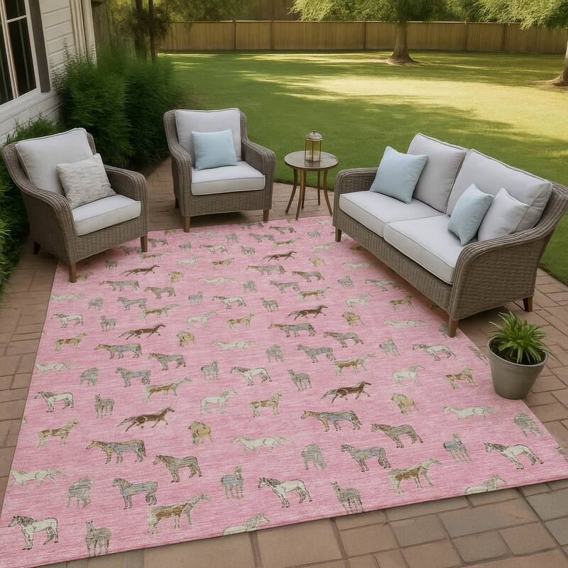 Machine Washable Indoor/ Outdoor Horses Chantille Rug - Blush - 8' x 10'