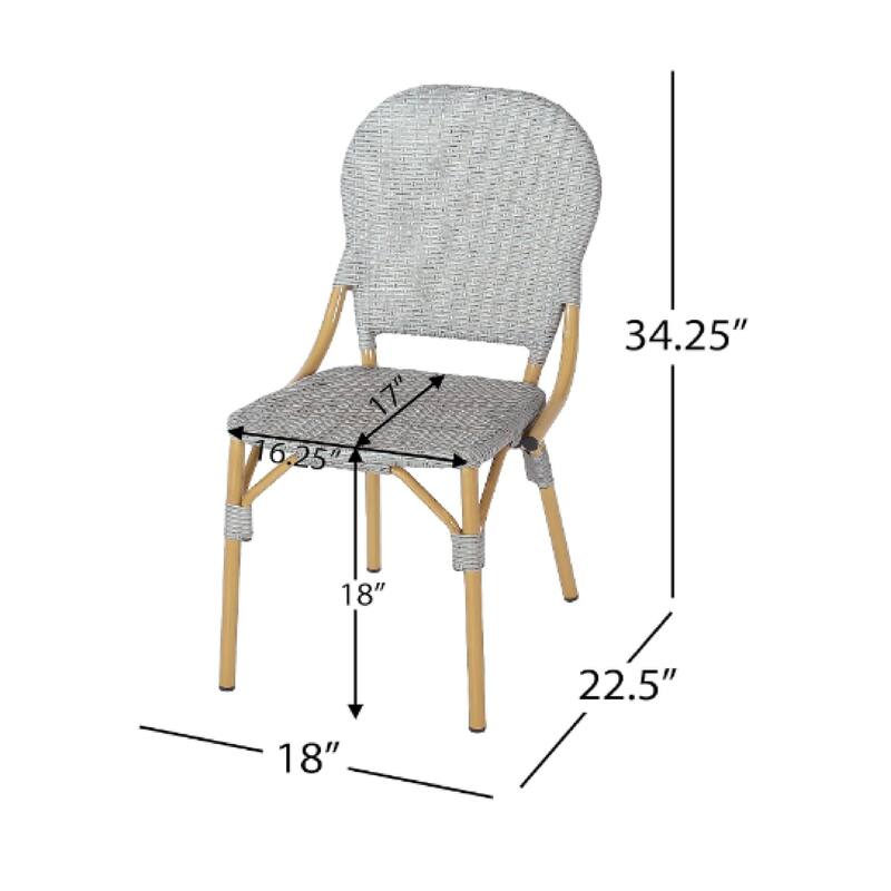 Outdoor Bistro Chair Set of 2, Gray Faux Rattan, Natural Brown Metal