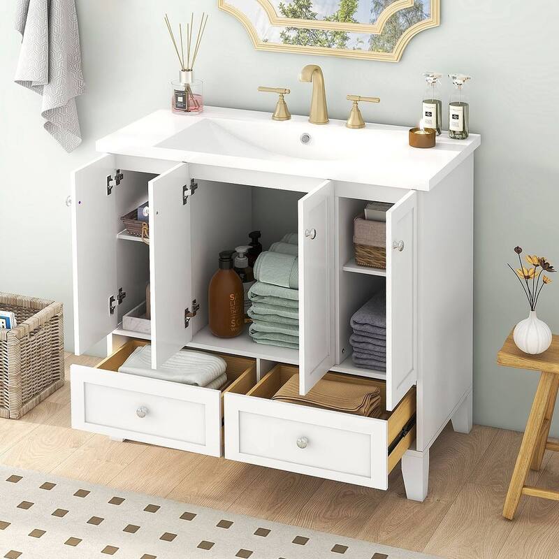 36'' Bathroom Vanity with Sink Set, Solid Wood Frame Bathroom Storage Cabinet, Freestanding Vanity Set - White - With Sink