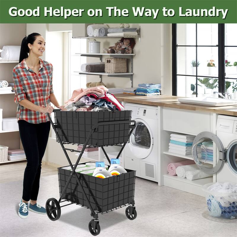 Foldable 2 Layers Grocery Shopping Cart w/ Double Basket and 360 Rolling Swivel Wheels