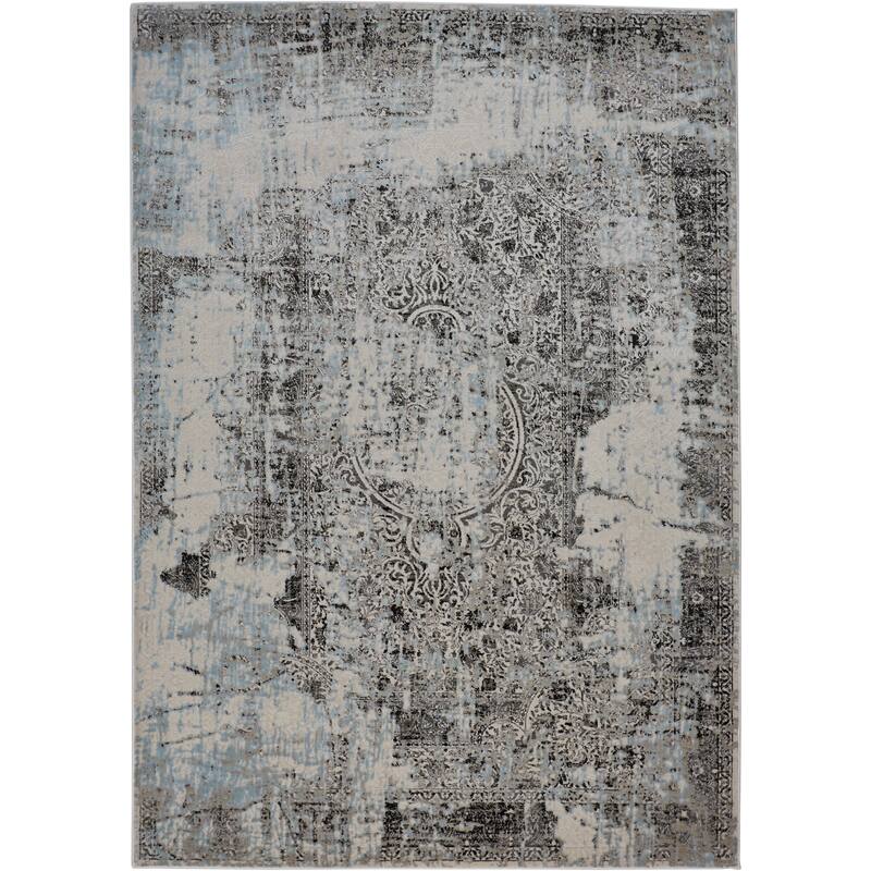 Alexander Industrial Distressed Rug, Charcoal/Sky Blue, Area Rug - 8' x 11' - Sky Blue/Silver Gray/Charcoal Gray