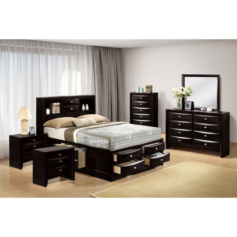 Furniture of America Brent 6-Piece Wood Platform Bedroom Set with Drawers and Bookcase Headboard - Black - Queen