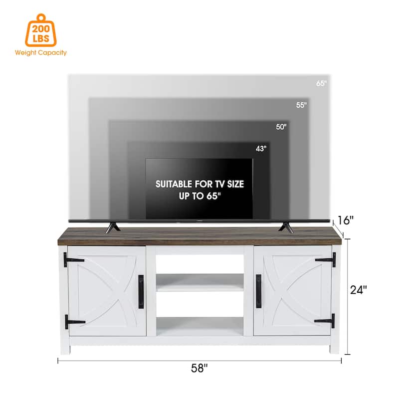 58-inch Farmhouse White Media Console TV Stand for TVs up to 65" with Door and Open Shelves