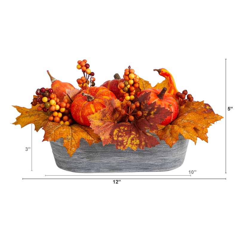 12” Artificial Pumpkins Harvest Arrangement in Washed Vase